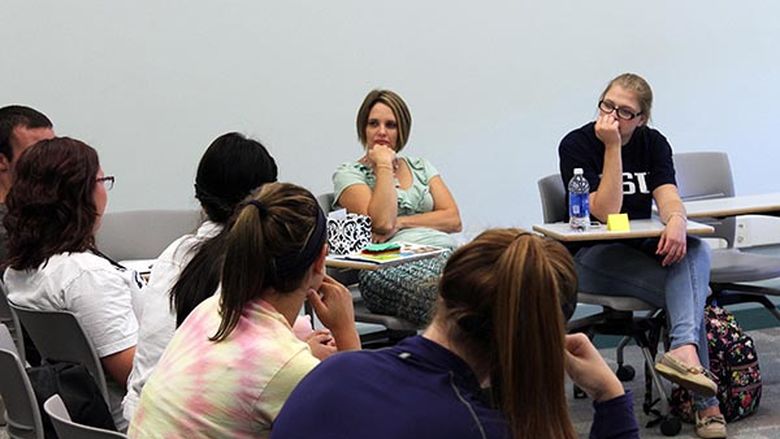 Kendra Sites, Penn State Mont Alto Academic Support Center leads a First-year Seminar discussion group.