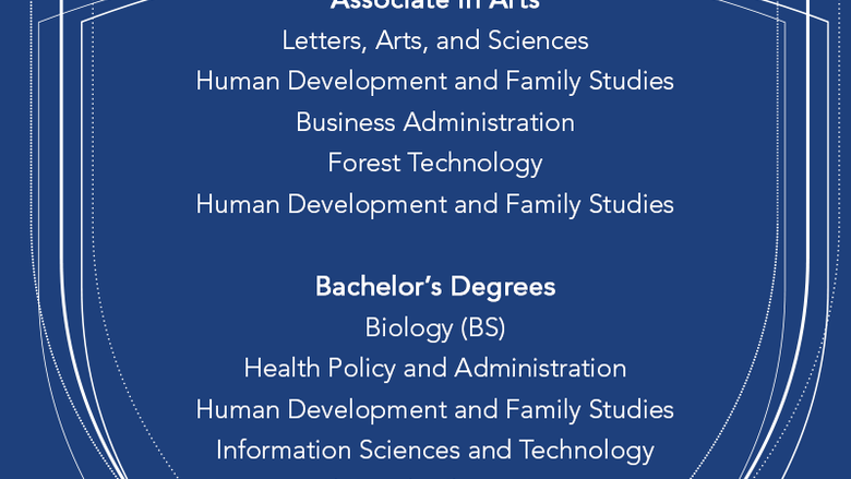 Associate in Arts Letters, Arts, and Sciences Human Development and Family Studies Business Administration Forest Technology Human Development and Family Studies Bachelor’s Degrees Biology (BS) Health Policy and Administration Human Development and Family Studies Information Sciences and Technology Project and Supply Chain Management Psychology