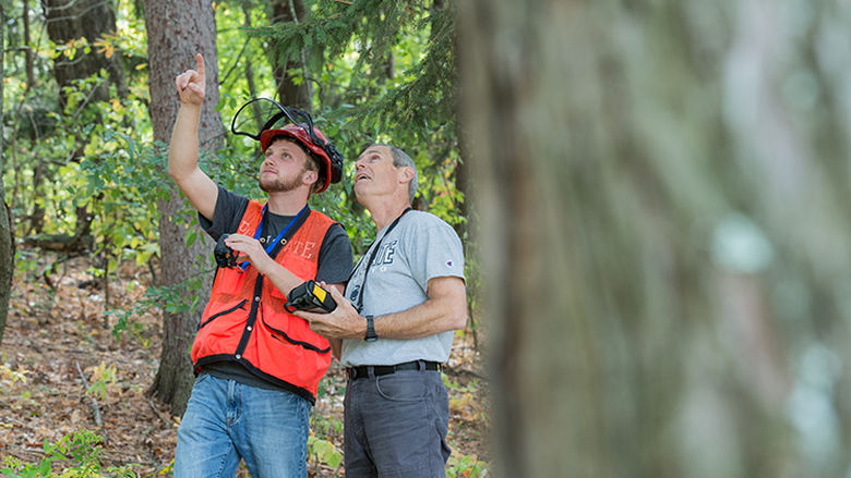 Aaron Lewis examines a tree in the forest with his instructor