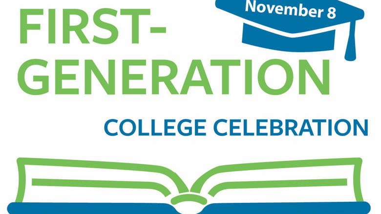 "First-Generation College Celebration" logo with an open book and mortar board.