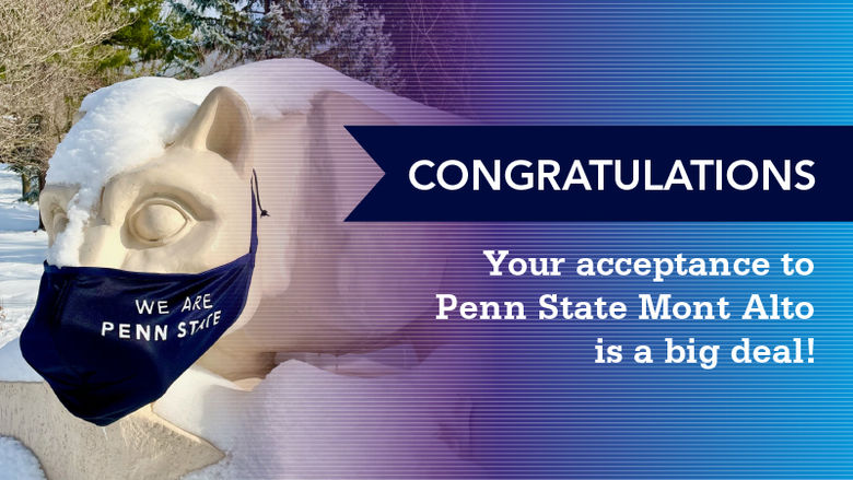 Lion Shrine with Mask "Congratulations, Your Acceptance to Penn State Mont Alto is a Big Deal" 