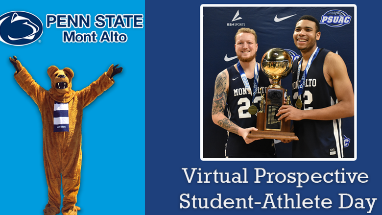 students with trophy and mascot "Virtual Prospective Student Athlete Day" 