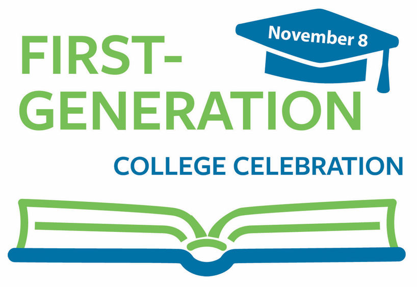 "First-Generation College Celebration" logo with an open book and mortar board.