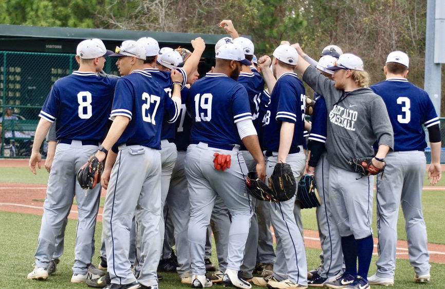 Penn State Mont Alto baseball players huddle on the field