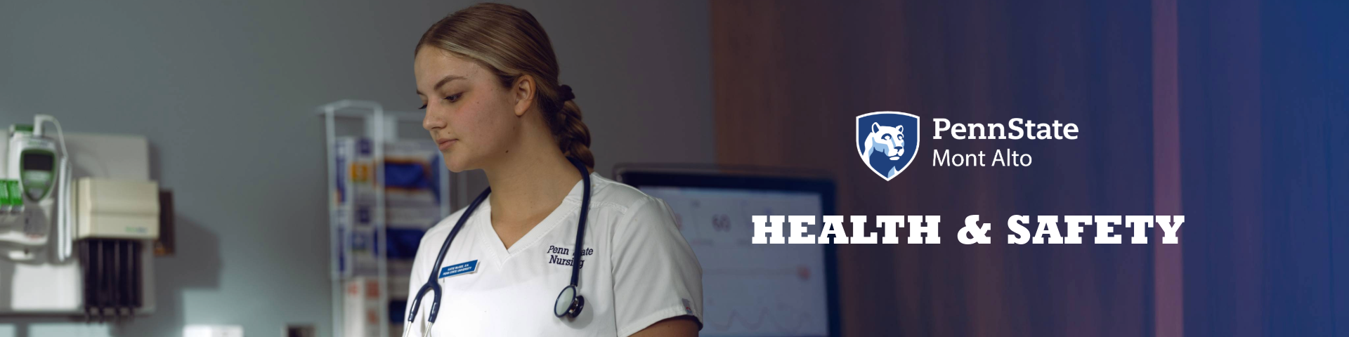 Nursing student with stethoscope around their neck.