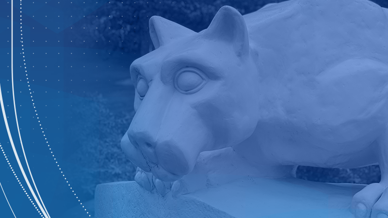Photo of campus lion shrine with blue overlay 