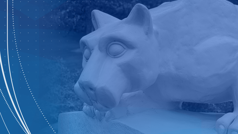 Photo of campus lion shrine with blue overlay