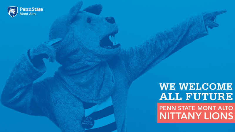 "We Welcome All Future Penn State Mont Alto Nittany Lion" Lion on light blue background