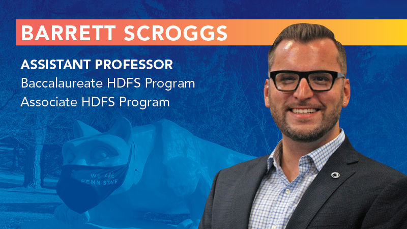 White male with blue background "Barrett Scroggs, Assistant Professor, Human Development and Family Studies" 