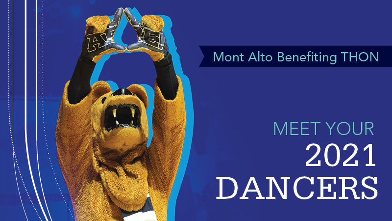 Blue Background with lion mascot "Mont Alto Benefitting THON 2021 Dancers" 