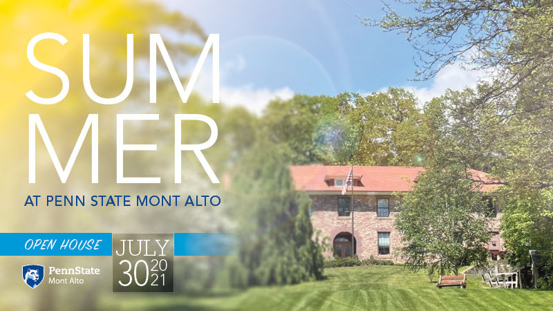 Sunny picture of Conklin Hall "Virtual Summer Open House at Penn State Mont Alto, July 30, 2021" 