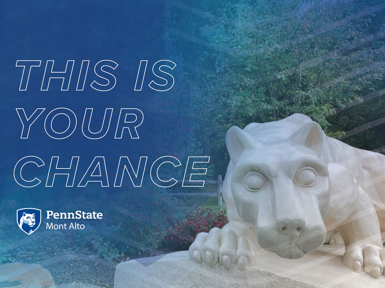 "This is your chance" in text next to a photo of the Nittany Lion Shrine. 