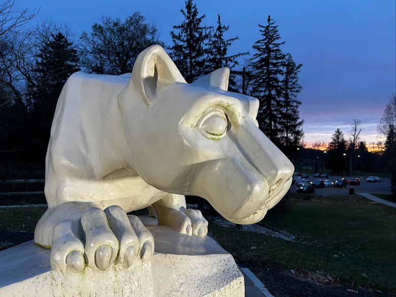 Penn State Mont Alto lion shrine in the evening