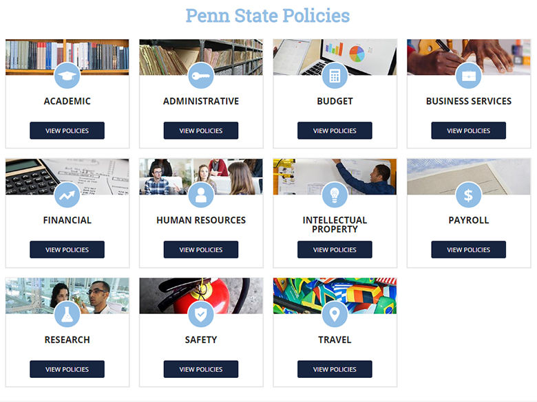 Screenshot of tiles of policy types at Penn State Policies site