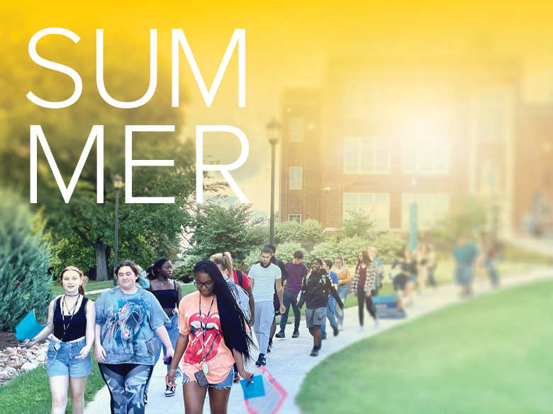   Text "Summer" photo of students walking in a group on campus