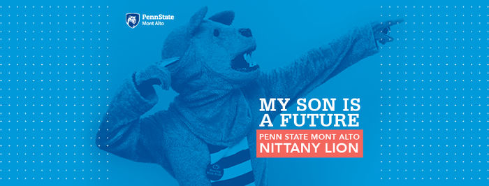 "My Son is a Future Penn State Mont Alto Nittany Lion" with lion mascot pointing to the right on a light blue background 