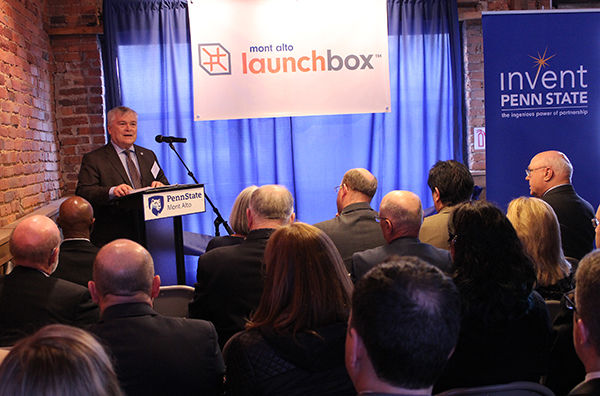 Penn State President Eric Barron addresses the audience during the Mont Alto LaunchBox ribbon-cutting.