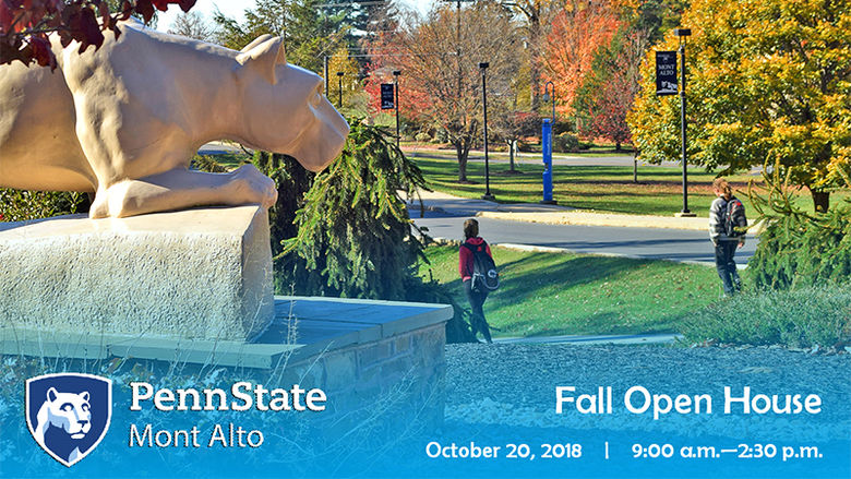 2018 Penn State Day graphic - student walking in autumn past the Lion Shrine at Penn State Mont Alto