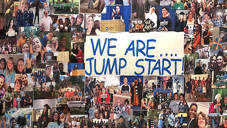 Jump Start bulletin board filled with photos