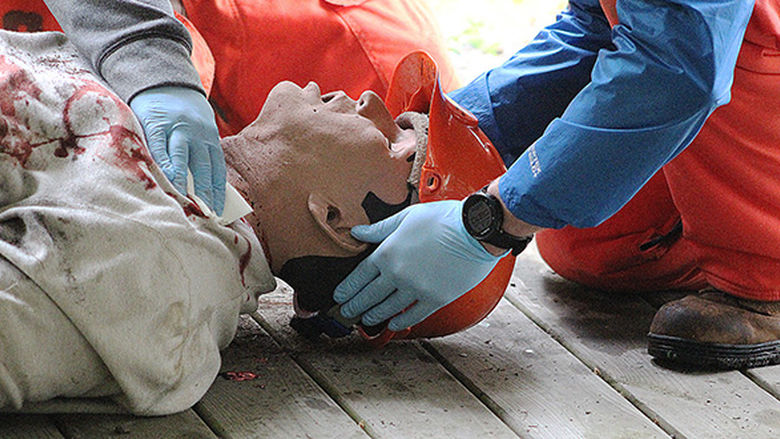 i-Stan, a high-fidelity human simulation patient, receives emergency care.