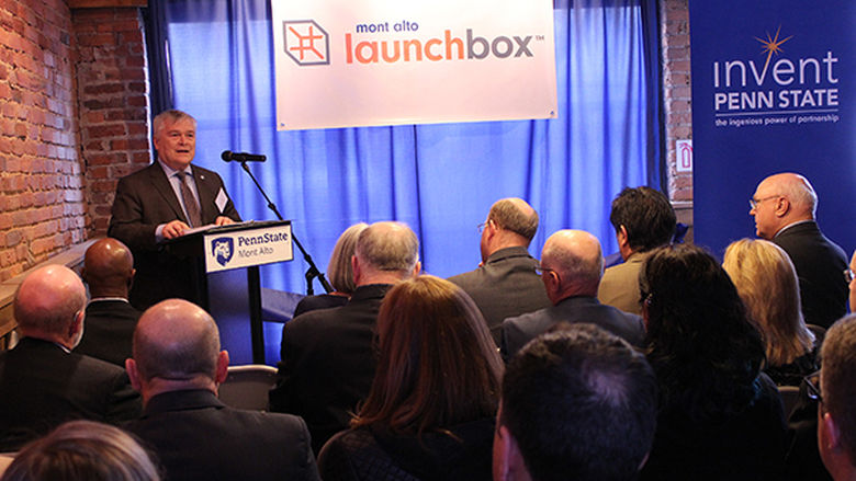 Penn State President Eric Barron addresses the audience during the Mont Alto LaunchBox ribbon-cutting.