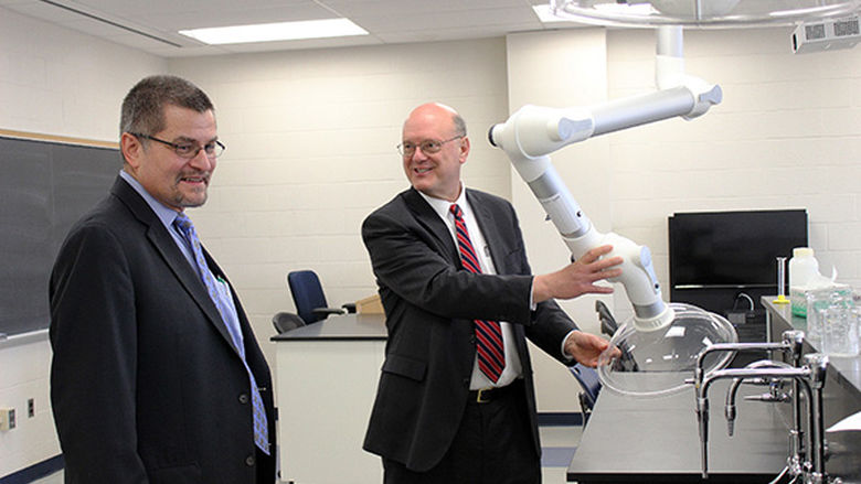 Michael Doncheski and Craig Hillemier in Penn State Mont Alto's chemistry lab.