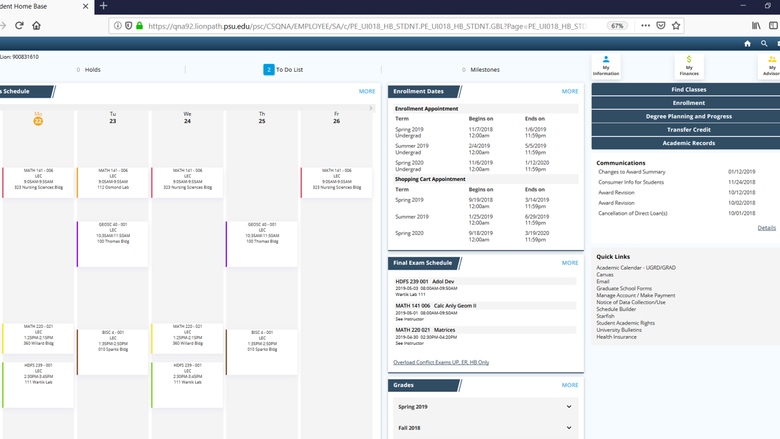 LionPATH 9.2 Student View screenshot