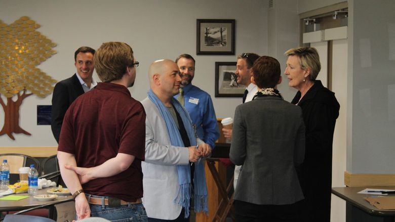 Penn State faculty, staff and students talk with representatives from Lightsource BP about ideas for the new solar array