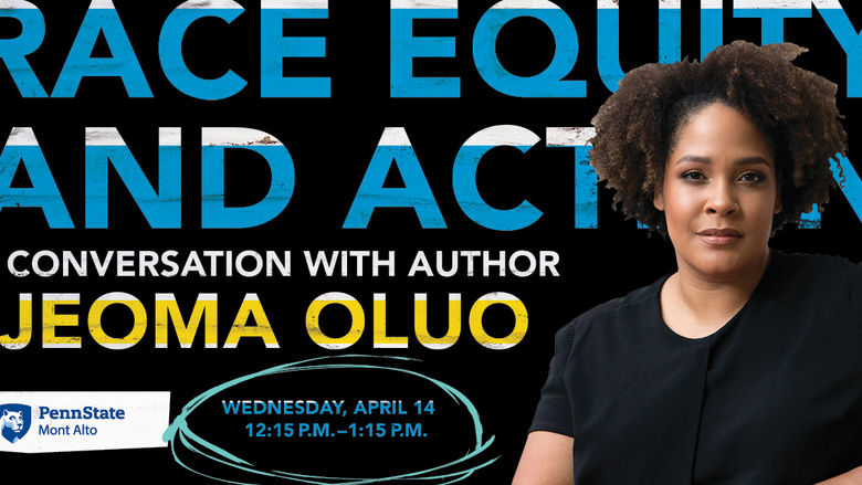 "Race Equity and Action Ijeoma Oluo" graphic with a black woman featured 