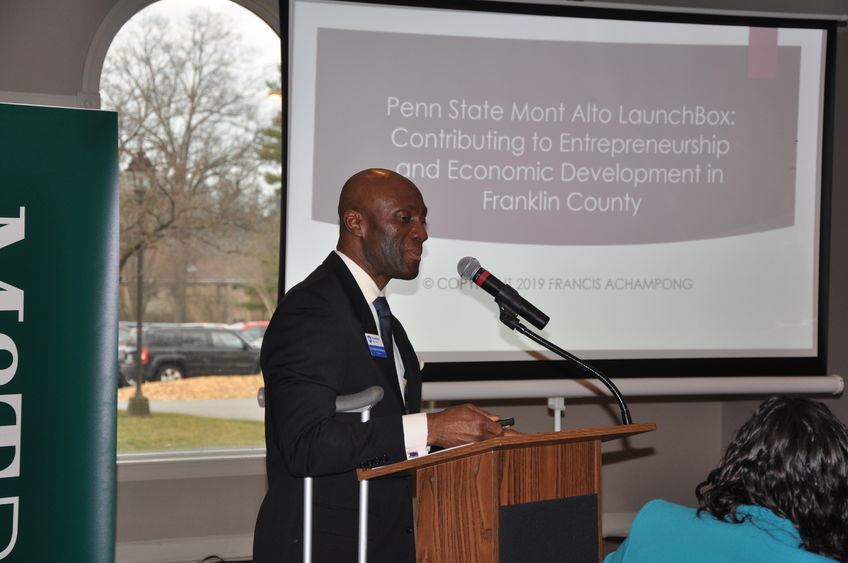 Mont Alto Chancellor Achampong presents at podium