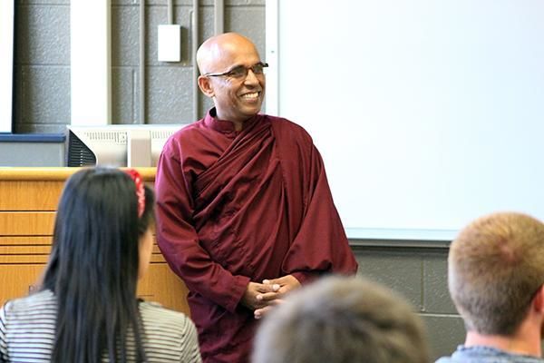 The Venerable Bhante Sujatha, a Buddhist monk, speaks to a class at Penn State Mont Alto 