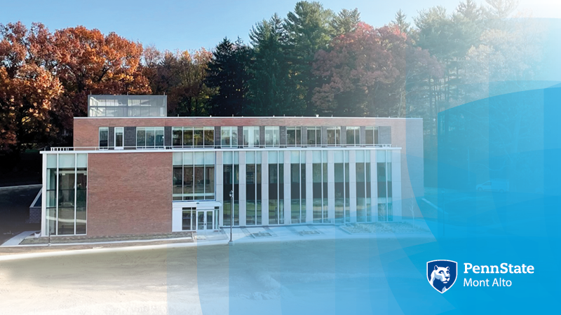 Picture of the Allied Health Building with the blue shield overlay and the "Penn State Mont Alto" logo