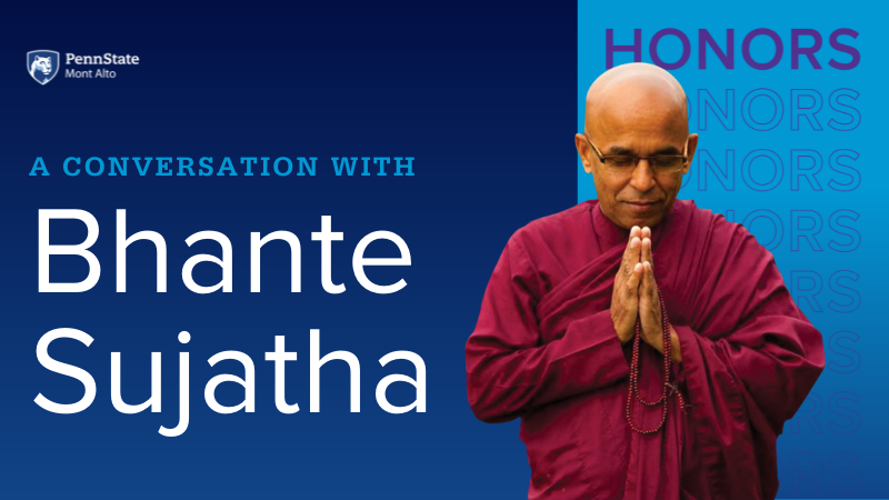 "A Conversation with Bhante Sujatha" with a photo of the monk praying