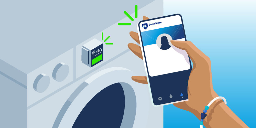 Vector image of student using mobile id+ card to pay laundry machine